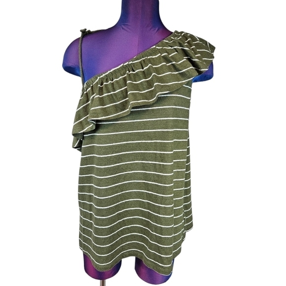 Old Navy Olive White Striped Linen Blend Ruffle One Shoulder Top Size Large Q79 - Picture 8 of 8